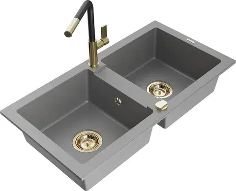 Kuchynské drezy MEXEN/S MEXEN/S - Mario granitový drez 2-bowl vrátane batérie Flora, šedá 6504-71-670401-57-G