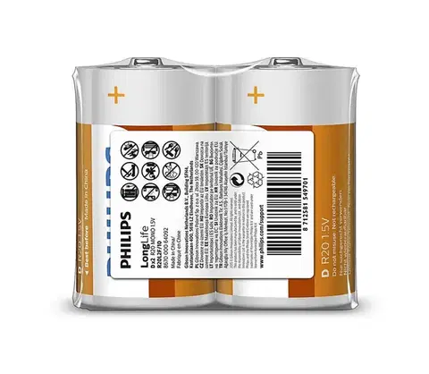 Predlžovacie káble Philips R20L2F/10 - 2 ks Zinkochloridová batéria D LONGLIFE 1,5V 5000mAh Phil-R20L2F/10
