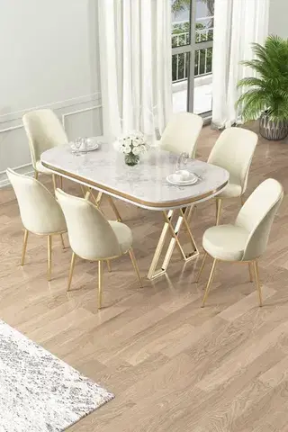 Jedálenské sety Dining Table & Chairs Set (7 Pieces) Lai - White, Gold, Cream