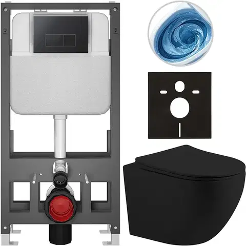 Záchody CERANO - Kompletný WC set Basic/Cesso - čierna matná - WC tlačidlo Modulo/Čierna - voľne stojaca - predstenová inštalácia - 49x36 CER-8050BD86232