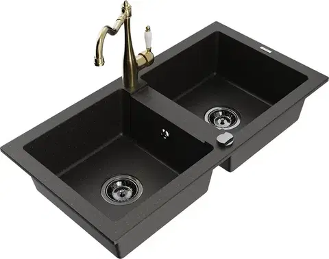 Kuchynské drezy MEXEN/S MEXEN/S - Mario granitový drez 2-bowl vrátane batérie Carla, čierna/zlatá metalik 6504-75-670700-50-B