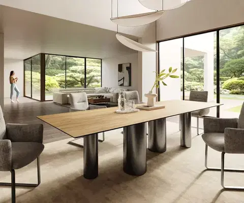 Jedálenské stoly DELIFE Jedálenský stôl Edge 300x100 keramika Laminam® sabbia dubová farba podstava nerezová oceľ grafitová