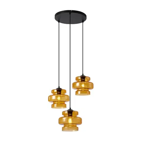 Závesné svietidlá Retro závesná lampa čierna s oranžovým sklom 3-svetlá - Denise
