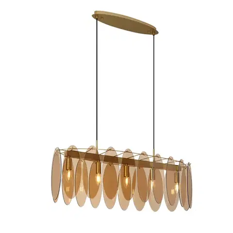 Závesné svietidlá Závesná lampa Art Deco zlatá s jantárovým sklom oválna 5-svetiel - Mochan