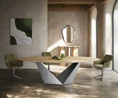 Jedálenské stoly DELIFE Jedálenský stôl Edge oválny 280x130 keramika Laminam® Sabbia dubová farba Prisma metalická strieborná