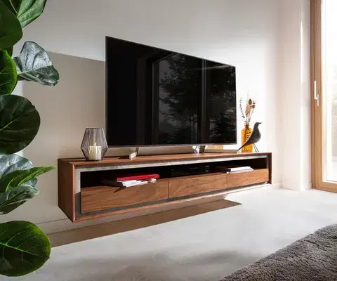Televízne stolíky DELIFE TV stolík Stonegrace 175 cm akácia hnedá kamenná dyha 3 zásuvky 1 priehradka závesný