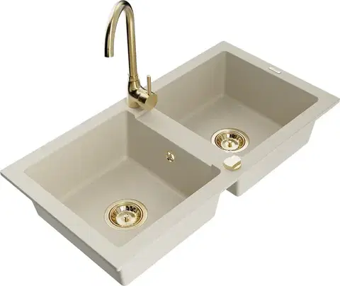 Kuchynské drezy MEXEN/S MEXEN/S - Mario granitový drez 2-bowl vrátane batérie Telma, béžová 6504-69-670200-50