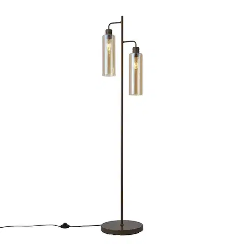 Stojace lampy Hotelová elegantná stojaca lampa tmavý bronz s jantárovým sklom 2-svetlá - Stavelot