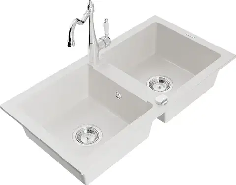 Kuchynské drezy MEXEN/S MEXEN/S - Mario granitový drez 2-bowl vrátane batérie Carla, biela 6504-20-670700-00
