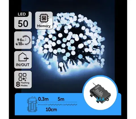 LED osvetlenie  B.V.  - vonkajšia LED reťaz, 50 LED, 8 funkcií, 3×AA, 5,3 m, IP44, studená biela B10303K5K