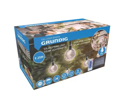LED osvetlenie Grundig - stmievateľný solárny LED reťaz 50×LED/8 funkcií, 9,35 m, teplá biela + diaľkové ovládanie 8711252476810