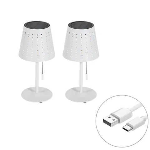 Lampy Sada 2 stolových lamp bielych vrátane LED 3-stupňového stmievača nabíjateľných a slnečných - Ferre