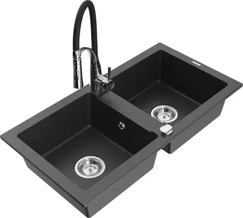 Kuchynské drezy MEXEN/S MEXEN/S - Mario granitový drez 2-bowl vrátane batérie Aster, čierna kropenatá 6504-76-73450-07