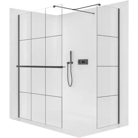 Držadlá k vani CERANO - Sprchová zástěna Walk-in Onyx T L/P - 8 mm - hranatá vzpěra + polička/držák na ručníky - černá matná, industriální sklo - 150x120x200  CER-8050BD4139