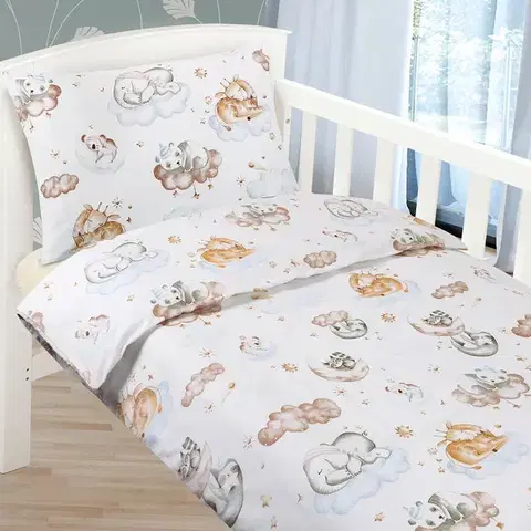Obliečky Bellatex Detské bavlnené obliečky do postieľky Beáta Zvieratká na obláčiku, 100 x 135 cm, 45 x 65 cm, 100 x 135 cm, 45 x 60 cm