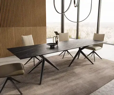 Jedálenské stoly DELIFE Jedálenský stôl Edge 300x100 keramika Laminam®Noir Desir hnedá Estelar okrúhly kov čierna