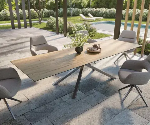 Záhradné stoly DELIFE Záhradný jedálenský stôl Edge 300x100 cm keramika Laminam® sabbia dubová krížová podstava obdĺžnik nerezová oceľ