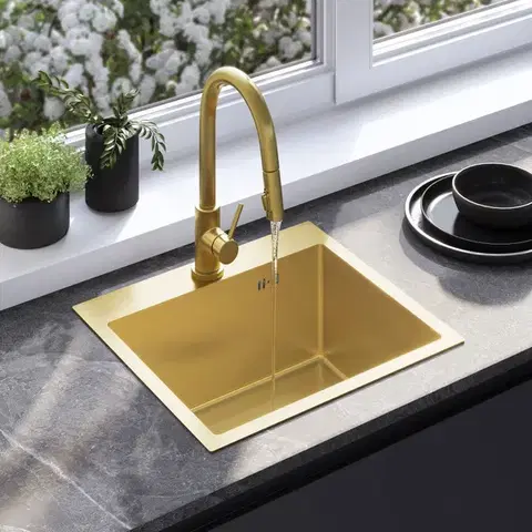 Kuchynské drezy REA REA - Oceľový drez Leo 50 BRUSH GOLD s kuchynskou batériou KPL-96004