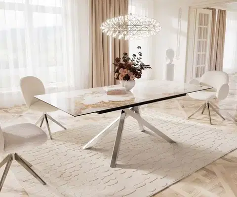 Jedálenské stoly DELIFE Jedálenský stôl Edge 180-220x100 keramika Minas melange bielo-béžová krížová podstava obdĺžnik nerezová oceľ rozkladací