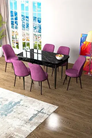 Jedálenské sety Extendable Dining Table & Chairs Set (7 Pieces) Zen - Black Marble, Purple