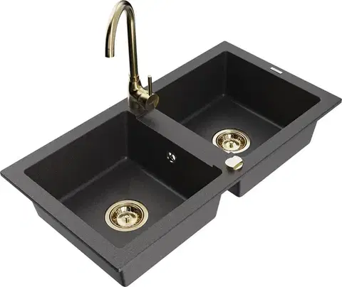 Kuchynské drezy MEXEN/S MEXEN/S - Mario granitový drez 2-bowl vrátane batérie Telma, čierna kropenatá 6504-76-670200-50