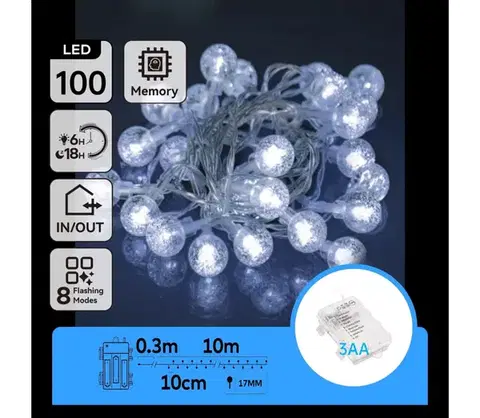 LED osvetlenie  B.V.  - LED vonkajšia svetelná reťaz 100xLED/3xAA/8 funkcií 10,3 m IP44 studená biela B10303K4T
