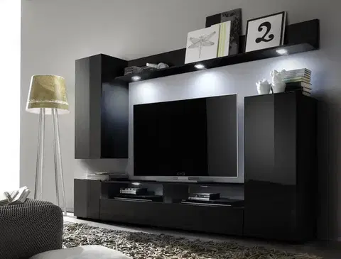Obývacie steny LIONE 1 moderná obývacia zostava, čierna/čierny lesk
