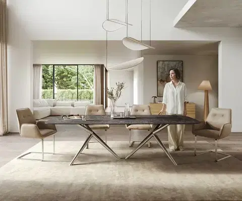 Jedálenské stoly DELIFE Jedálenský stôl Edge zaoblený 260×120 cm keramika Laminam® Nero Greco antracitová Estelar okrúhly nerezová oceľ
