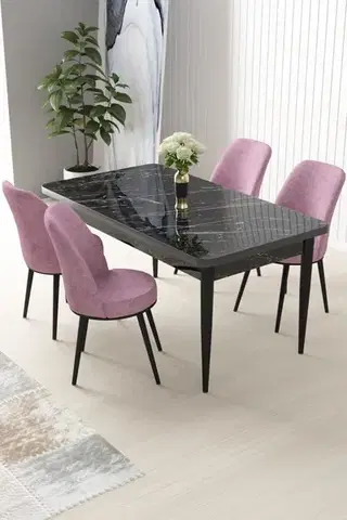 Jedálenské sety Dining Table & Chairs Set (5 Pieces) Nil - Black Marble, Pink