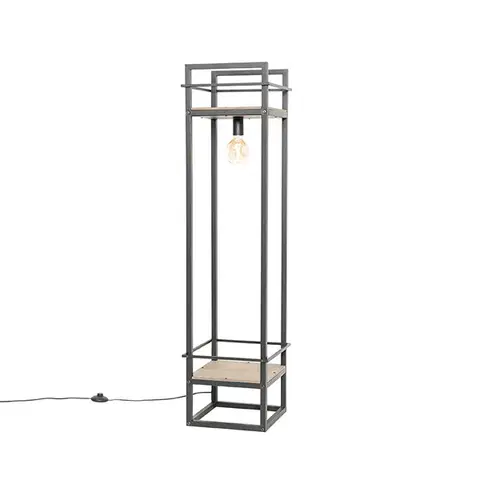 Stojace lampy Priemyselná stojaca lampa čierna s drevenými prvkami - Cage Rack