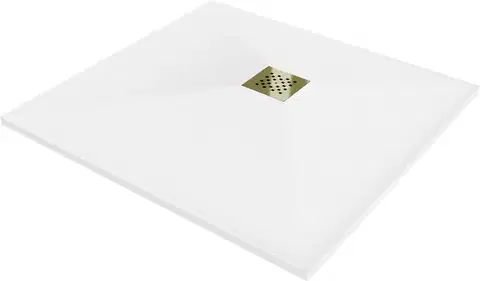Vane MEXEN/S - Stone+ štvorcová sprchová vanička 90 x 90, biela, mriežka zlatá 44109090-G