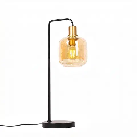 Stolné lampy Dizajnová stolná lampa čierna s mosadzou a jantárovým sklom - Zuzanna