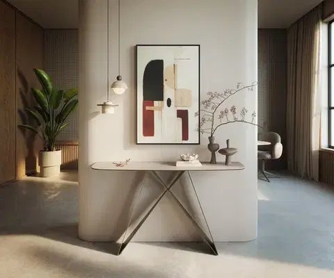 Konzolové stolíky DELIFE Konzolový stolík Edge zaoblený 140×40 cm keramika Laminam® Travertino Bianco krémovo biela Velio kov titánová farba