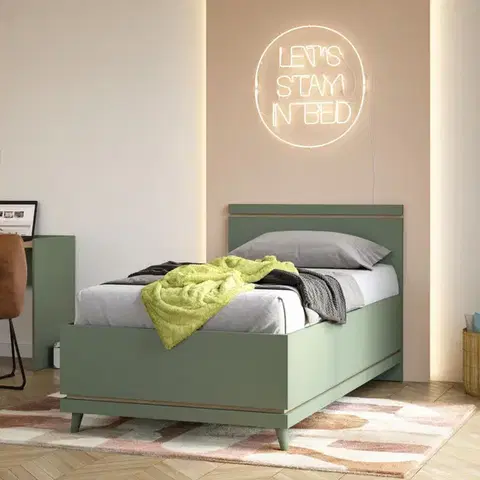 Manželské postele KENDY študentská posteľ 100, tlmená zelená/dub