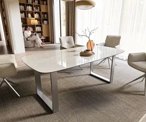 Jedálenské stoly DELIFE Jedálenský stôl Edge zaoblený tvar 200x100 cm keramika onyx šampanské nerezová oceľ široký