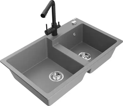 Kuchynské drezy MEXEN/S MEXEN/S - Tomas granitový drez 2-bowl vrátane batérie Duero, šedá 6516-71-671600-70