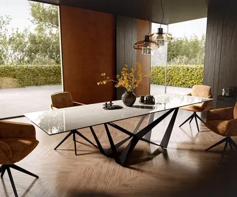 Jedálenské stoly DELIFE Jedálenský stôl Edge 300×100 cm keramika onyx šampanské pavúk plochá oceľ čierna