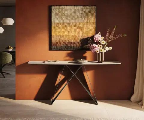 Konzolové stolíky DELIFE Konzolový stolík Edge zaoblený 180×40 cm keramika Laminam® Travertino Bianco krémovo biela Velio kov titánová farba