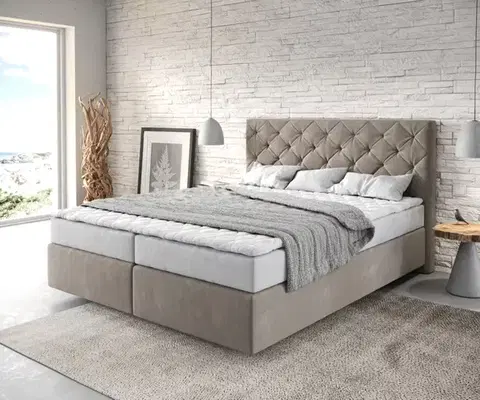 Postele Boxspring DELIFE Boxspring posteľ Dream-Great 160x200 cm mikrovlákno béžová s matracom a topperom
