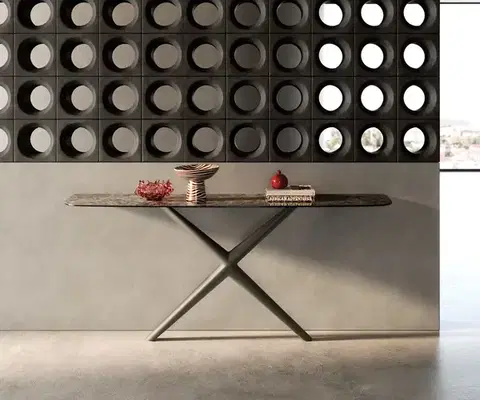 Konzolové stolíky DELIFE Konzolový stolík Edge zaoblený 180×40 cm keramika Emperador Extra Lucidato tmavohnedá Estelo kov titánová farba