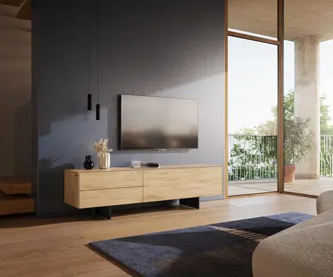 Televízne stolíky DELIFE TV stolík Cuor 180 cm keramika Laminam® Sabbia dubová farba 1 výklopné dvierka 2 zásuvky podstava závesná kov čierna