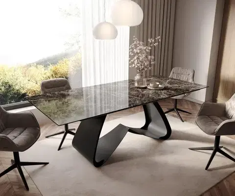 Jedálenské stoly DELIFE Jedálenský stôl Edge 180-220x100 keramika Laminam® Emperador Extra Lucidato tmavohnedá podstava v tvare W čierna rozkladací