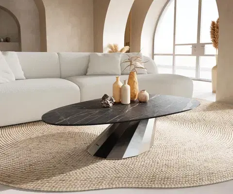 Konferenčné stolíky DELIFE Konferenčný stolík Edge oválny 140x75 cm keramika Laminam® Noir Desir hnedá Parabi nerezová oceľ kefovaná