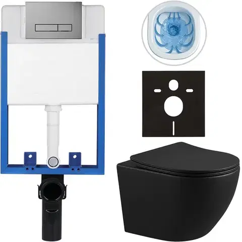 Záchody CERANO - Kompletný podomietkový WC set Lite/Cesso - čierna matná - WC tlačidlo Slim, tmavo šedá - na zamurovanie - 49x36 CER-635901