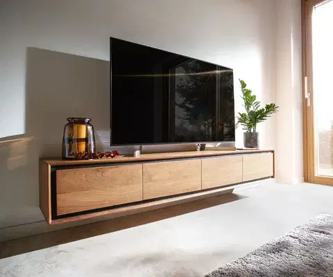 Televízne stolíky DELIFE TV stolík Stonegrace 200 cm akácia prírodná 4 dvierka kamenná dyha závesný