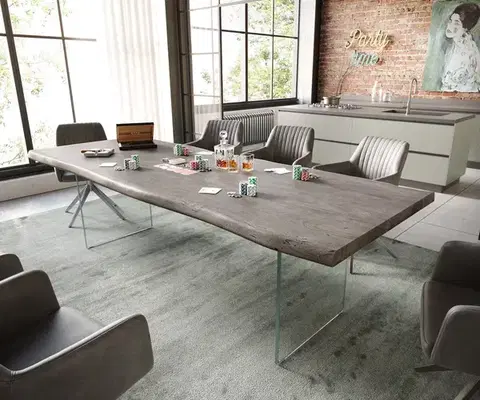 Jedálenské stoly DELIFE Jedálenský stôl Edge 260×100 XL akácia platinová sklo Live-Edge