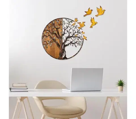Obrazy  Nástenná dekorácia 92x71 cm strom a vtáci drevo/kov 899SKL2669