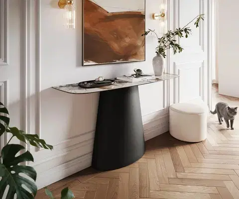 Konzolové stolíky DELIFE Konzolový stolík Edge zaoblený 140×40 cm keramika Patagonia leštená Conos kov čierna