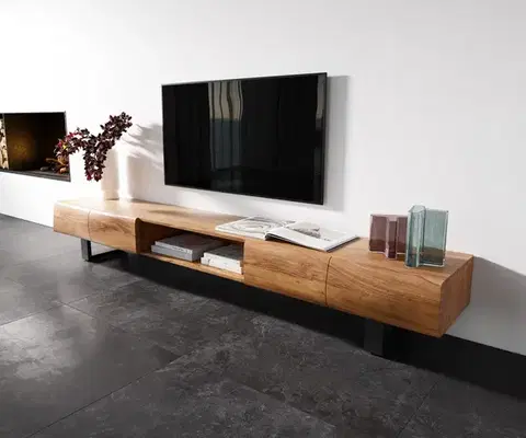 Televízne stolíky DELIFE TV stolík New Live-Edge 240 cm akácia prírodná 4 dvierka 1 priehradka kovová tenká podstava čierna