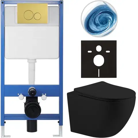 Záchody CERANO - Kompletný WC set Profi/Cesso - čierna matná - WC tlačidlo Duo. zlatá - predstenová inštalácia - 49x36 CER-8050BD84355